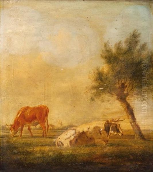 Deux Vaches Dans Un Pre Oil Painting by Johannes I Janson