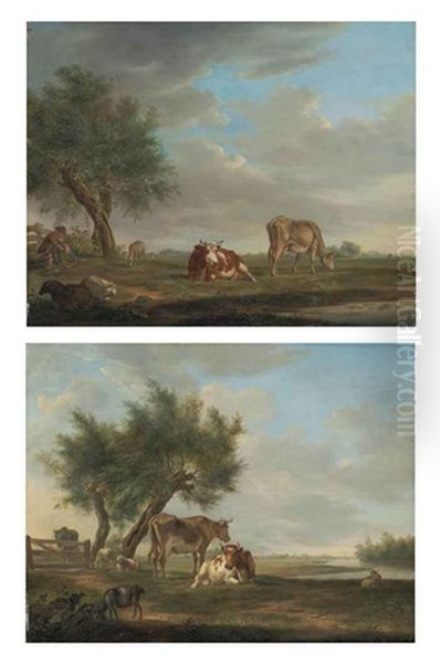 A Wooded Landscape, A Shepherd With Sheep And Cattle By A Pond (+ A Wooded, River Landscape With Cattle, Sheep And A Goat; Pair) Oil Painting by Johannes I Janson