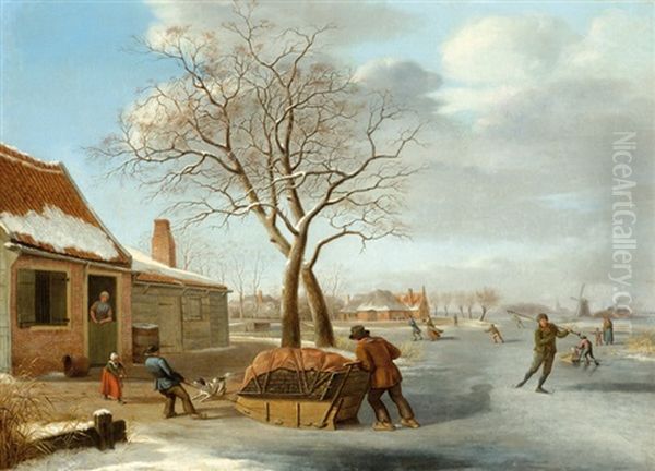 Winter Landscape With Ice Skaters Oil Painting by Johannes I Janson