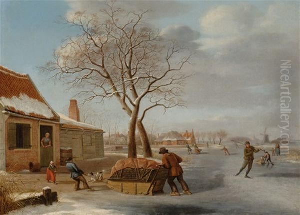 Winter Landscape With Skaters Oil Painting by Johannes I Janson