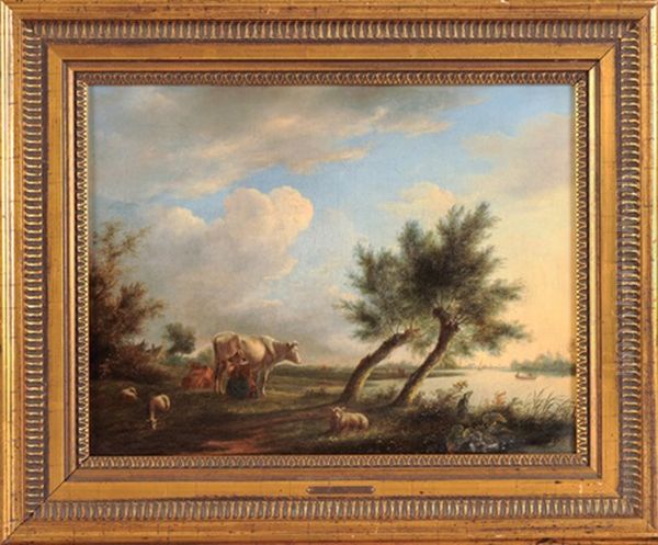 Weite Gewasserlandschaft Mit Melkender Magd, Rastenden Kuhen Und Schafen Oil Painting by Johannes I Janson