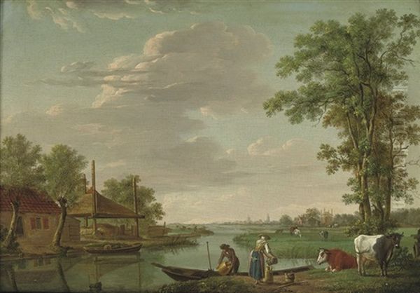 A River Landscape With Figures By An Embankment Oil Painting by Johannes I Janson