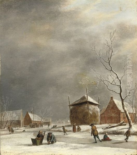 A Winter Landscape With Skaters On A Frozen River Near A Haystack Oil Painting by Johannes I Janson