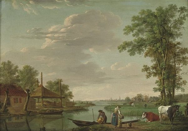 A River Landscape With Figures By An Embankment Oil Painting by Johannes I Janson