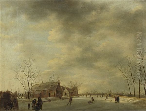 A Winter Landscape With Figures Skating Oil Painting by Johannes I Janson