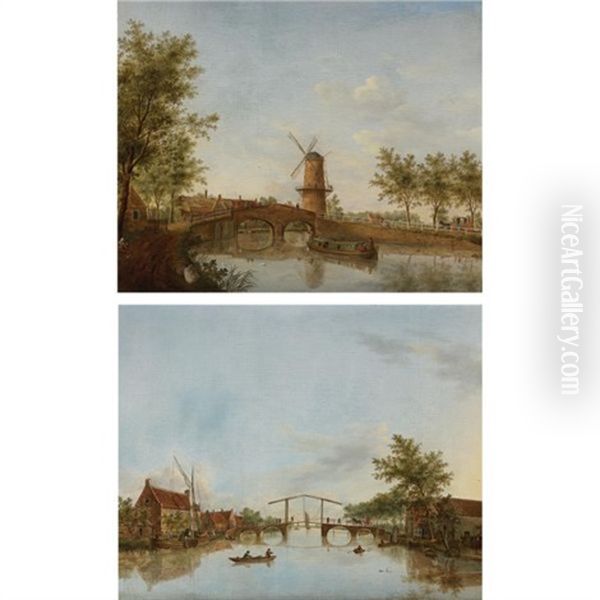 River Landscape With Drawbridge (+ River Landscape With Windmill; Pair) Oil Painting by Johannes I Janson