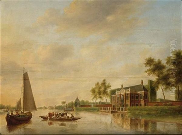 A River Landscape Near Leiden With A Sailingboat And A Rowing Boat Transporting Cattle To A Mansion Oil Painting by Johannes I Janson