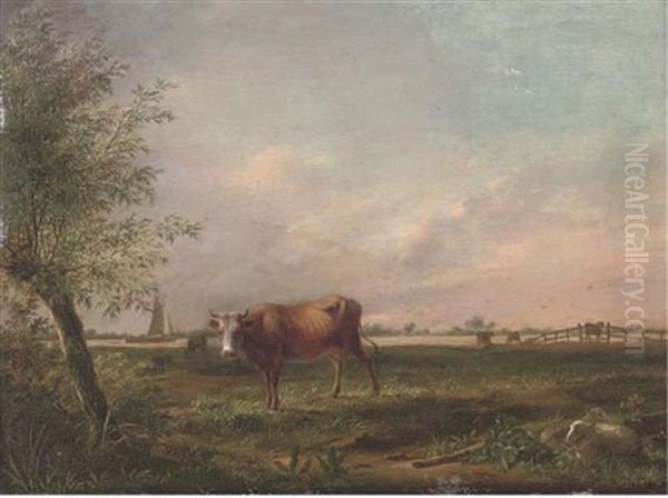 A Landscape With Cattle And Sheep, Boating On A River Beyond Oil Painting by Johannes I Janson