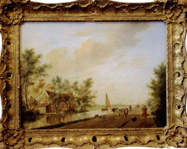 Promeneurs Et Paysans Le Long D'un Canal Oil Painting by Johannes I Janson