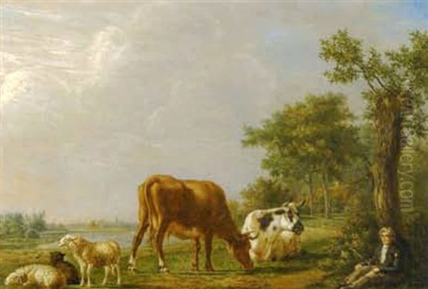 Jeune Patre Gardant Son Troupeau Pres De La Riviere Oil Painting by Johannes I Janson