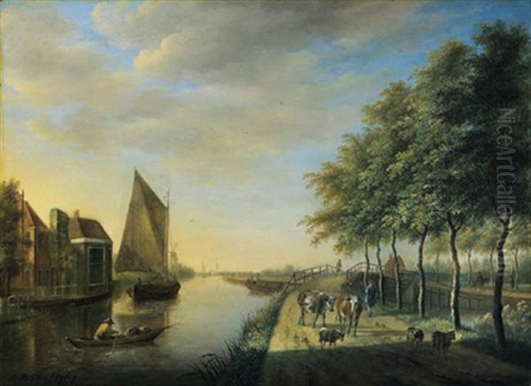 Hollandische Flusslandschaft Mit Booten Und Einer Herde Oil Painting by Johannes I Janson