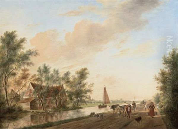 A River Landscape With A Drover And His Cattle, A Horse And Wagon And Other Figures On A Track Oil Painting by Johannes I Janson