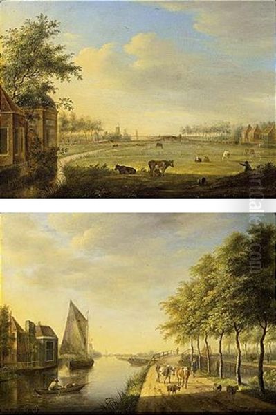 A View Of A Canal With Boats By A Village And A Shepherd With His Cattle On A Path (+ An Extensive Landscape With A Woman Milking A Cow, With Cattle And Horses In A Meadow; Pair) Oil Painting by Johannes I Janson