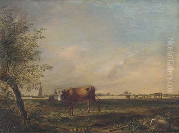 A Landscape With Cattle And Sheep, Boating On A River Beyond Oil Painting by Johannes I Janson