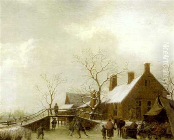 A Winter Scene With Figures Skating And Carousing By A Tent In The Foreground Oil Painting by Johannes I Janson