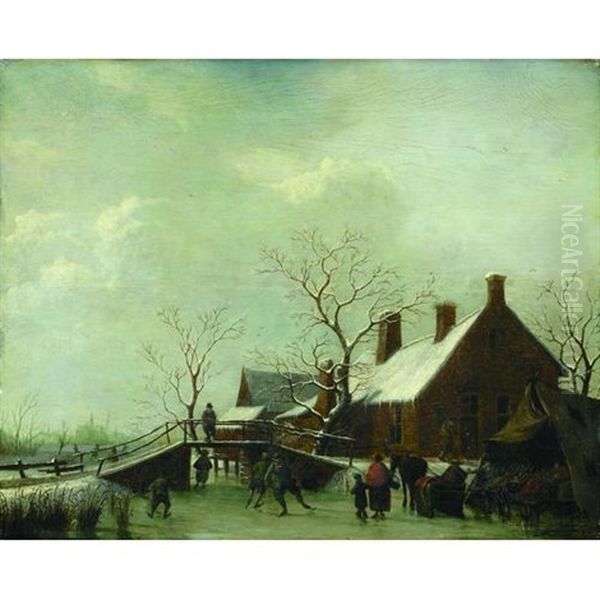 A Winter Scene With Figures Skating And Carousing By A Tent In The Foreground Oil Painting by Johannes I Janson