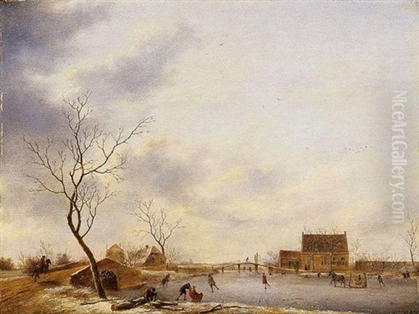 A Winter Landscape With Skaters Oil Painting by Johannes I Janson