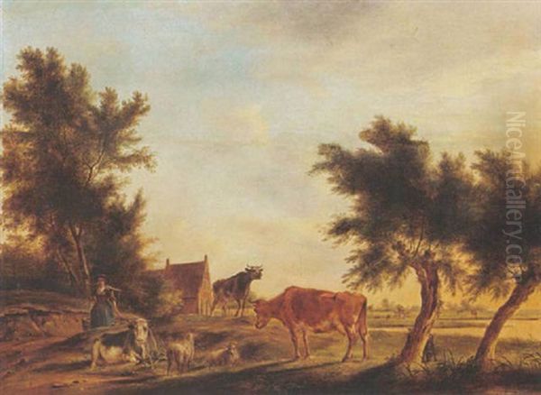 A Landscape With Cows And Sheep In A Meadow And A Milkmaid And A Farm Nearby Oil Painting by Johannes I Janson