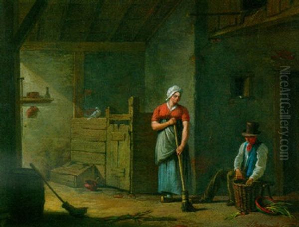 A Man And A Woman Cleaning The Interior Of A Barn Oil Painting by Johannes I Janson