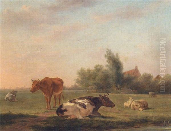 Cattle And Sheep In A Landscape Oil Painting by Johannes I Janson