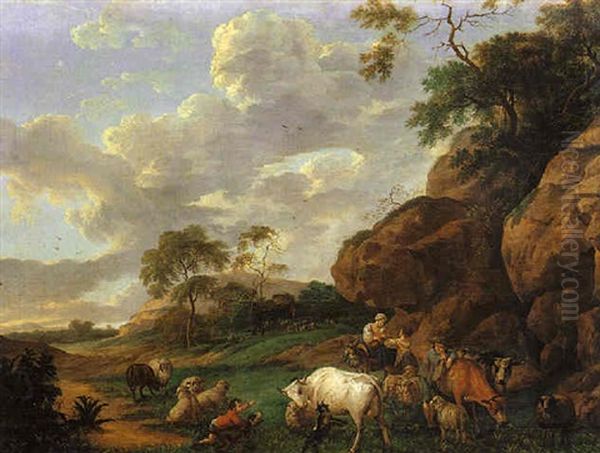 Repos Des Bergers Et De Leur Troupeau Dans Un Paysage Oil Painting by Johannes I Janson