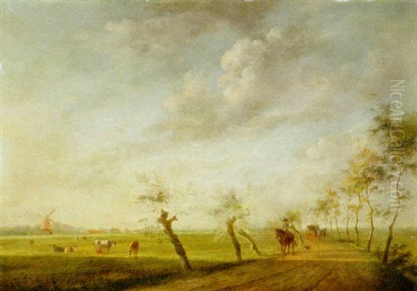 A Landscape With Travellers On A Path And Cows In A Field Oil Painting by Johannes I Janson