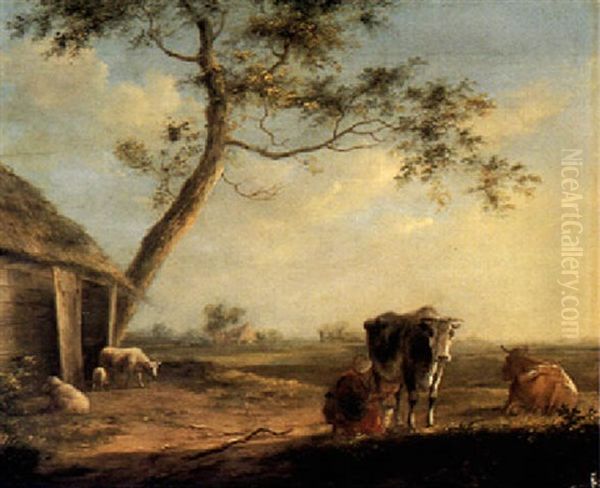 Milking Time Oil Painting by Johannes I Janson