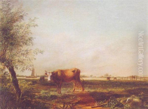 Cattle And Sheep In An Extensive River Landscape by Johannes I Janson