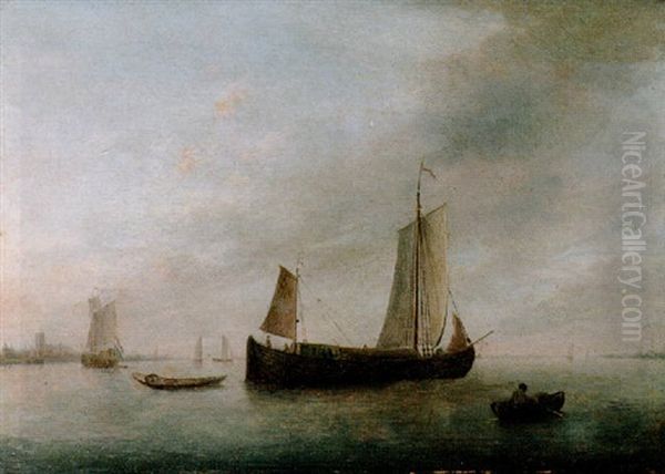 An Aak Sailing Before The Wind On A River Estuary At Dawn Oil Painting by Johannes I Janson