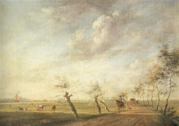 A Landscape With Travellers On A Path Lined With Trees And Cows In A Field Oil Painting by Johannes I Janson