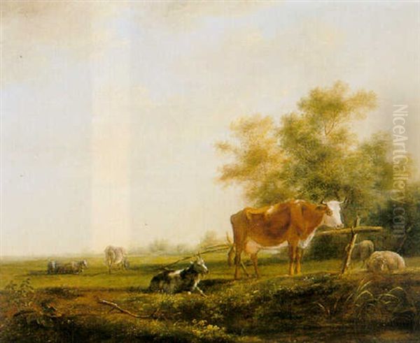 Cows, Sheep And A Goat In A Meadow Oil Painting by Johannes I Janson