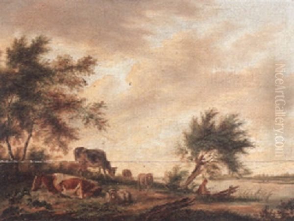 Cattle And Sheep Grazing On A River Bank By A Fisherman Oil Painting by Johannes I Janson