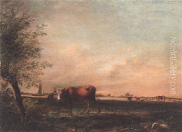 A Cow And Sheep In A Meadow, A Canal Beyond Oil Painting by Johannes I Janson