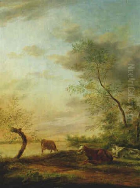 Cattle Grazing On A River Bank Oil Painting by Johannes I Janson