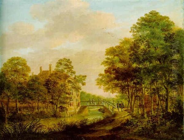 A View Of A Building On A Canal With Figures On A Wooded Path Oil Painting by Johannes I Janson