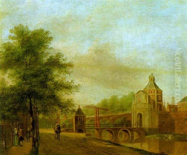 Townsfolk In A Srteet By A City Gate Oil Painting by Johannes I Janson