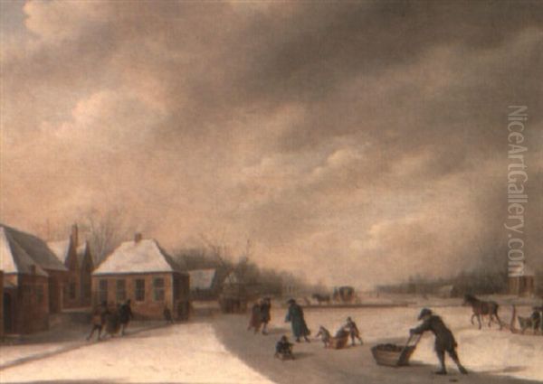 Winter Landscape With Skaters Oil Painting by Johannes I Janson