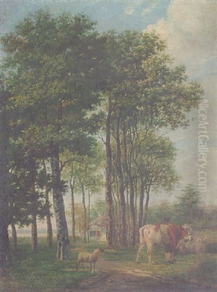 A Farmhand With Livestock By A Copse by Pieter Janson