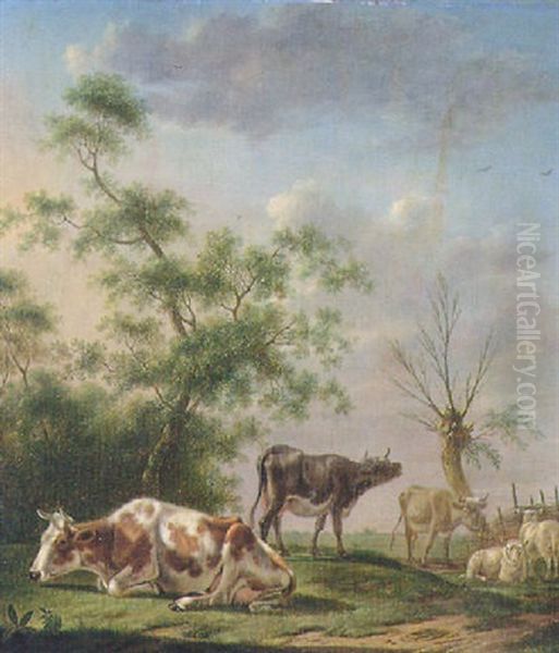 Cattle And Sheep In A Watermeadow Oil Painting by Pieter Janson