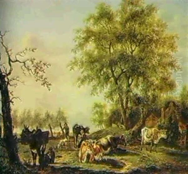 Milking Cows By A Cottage Oil Painting by Pieter Janson