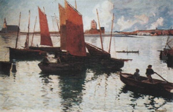 Camaret - Sardiniers Aux Voiles Rouges Au Mouillage Oil Painting by Mathurin Janssaud