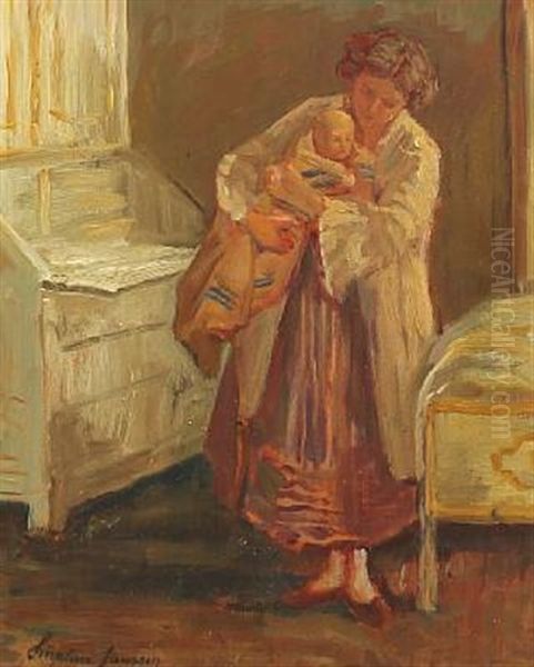 A Mother With Her Child In The Bedroom Oil Painting by Luplau Janssen