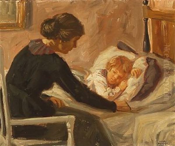 A Mother Puts Her Son To Bed Oil Painting by Luplau Janssen