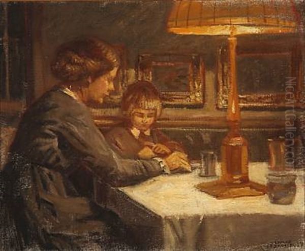 Interior With Mother And Daughter At The Table Oil Painting by Luplau Janssen