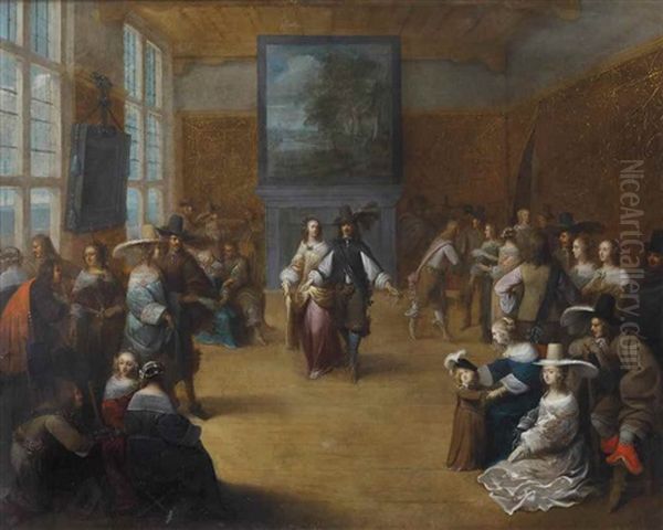 An Elegant Party In A Palace Interior With Figures Conversing And Dancing Oil Painting by Abraham Janssens