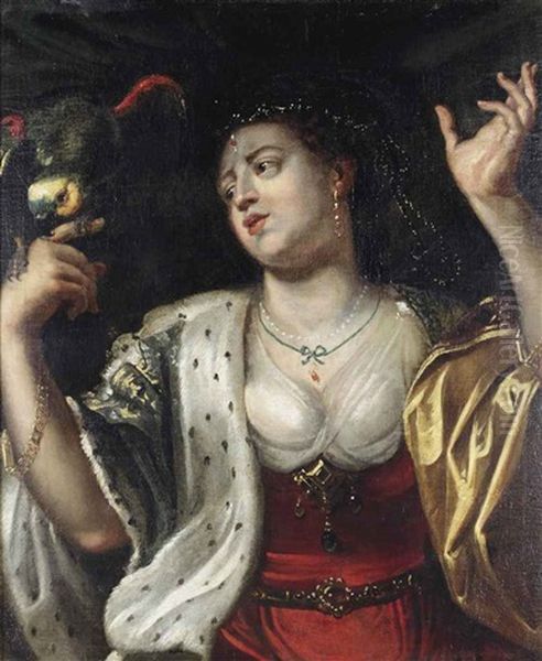 An Allegory Of Touch - A Parrot Pecking A Woman's Finger Oil Painting by Abraham Janssens