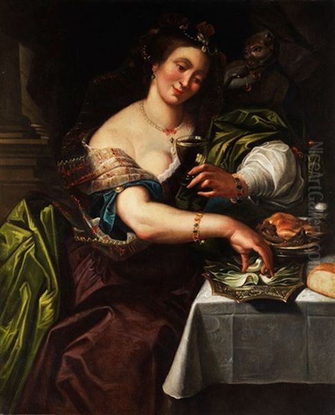 Junge Frau Mit Weinglas Und Einem Affchen An Einem Gedeckten Tisch Oil Painting by Abraham Janssens