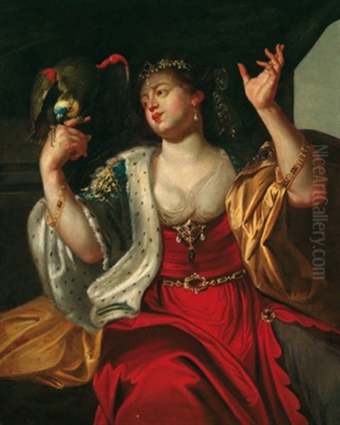 17 Jahrhunderts Dame Mit Einem Papagei, Allegorie Des Gefuhls Oil Painting by Abraham Janssens