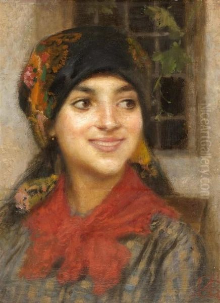 Young Woman With A Kerchief Oil Painting by Antonio Barzaghi-Cattaneo