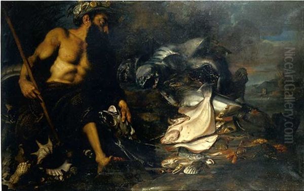 Allegorie De L'eau: Un Triton Avec Poissons, Crustaces Et Coquillages Marins Oil Painting by Abraham Janssens